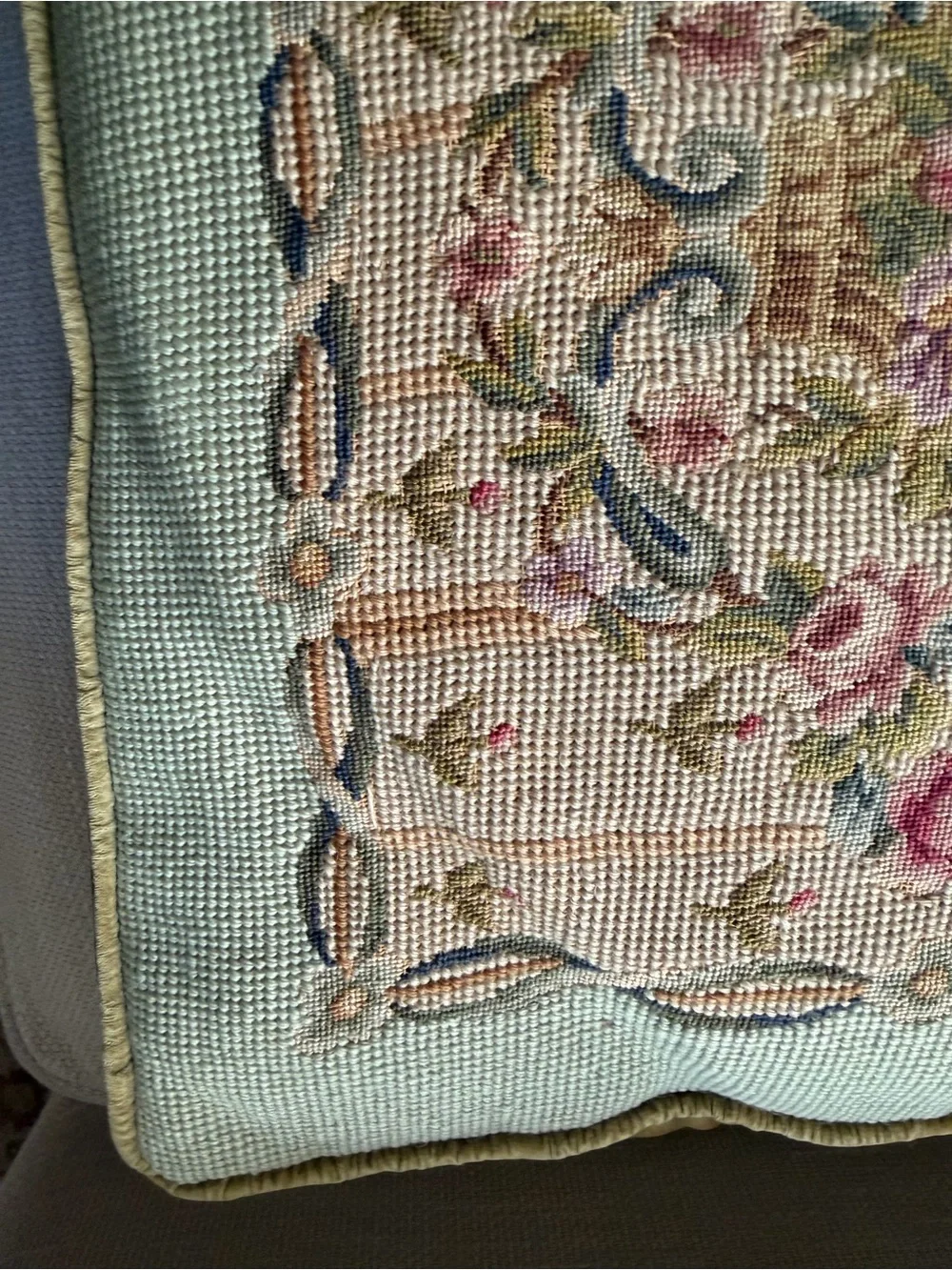 Pair Antique French PILLOW Cushions large needlepoint petitpoint roses